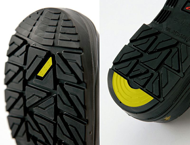 靴底が擦り減ってくると黄色いスリップサインが出てきます。<br>これが出てくると新しい安全靴を買ってね。という事でございます。<br>衝撃吸収タイプの靴底で疲れにくい。<br>さらに耐油性ソール