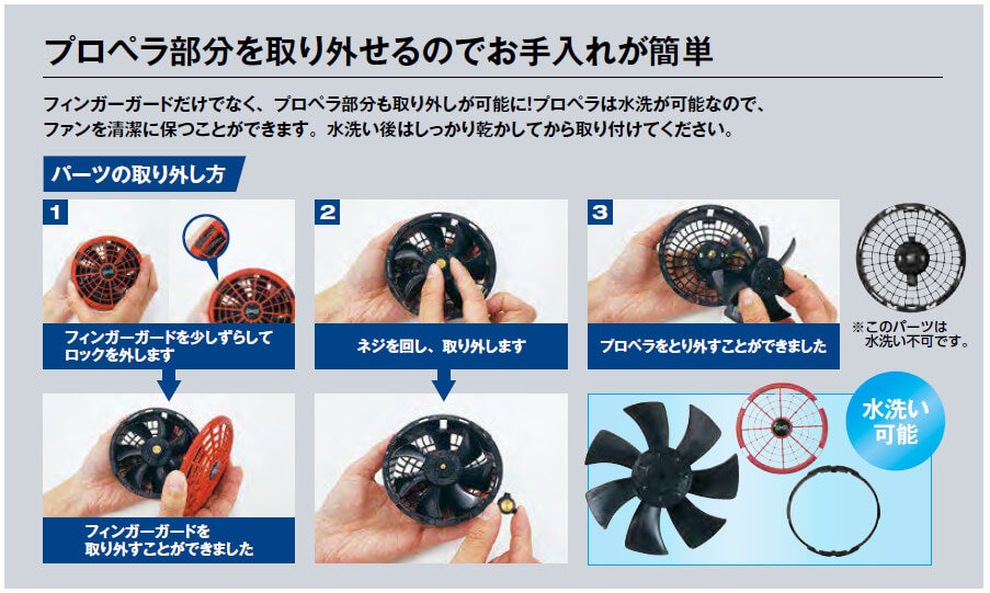 プロベラ部分を取り外せして水洗いできるのでお手入れが簡単です。