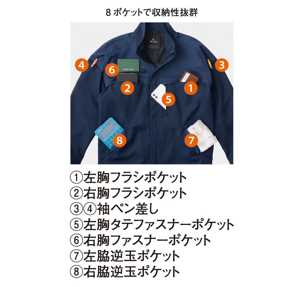 8ポケットで収納性抜群<br>左胸フラシポケット・右胸フラシポケット・袖ペン差し（左右）・左胸タテファスナーポケット・右胸ファスナーポケット・左脇逆玉ポケット・右脇逆玉ポケット
