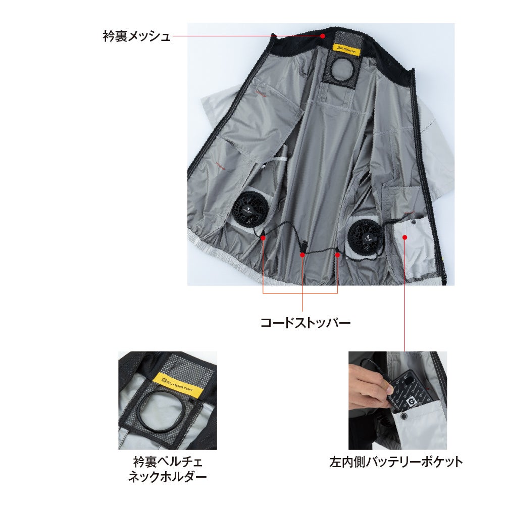 INSIDE STYLE<br>衿裏メッシュ・コードストッパー・衿裏ペルチェネックホルダー・左内側バッテリーポケットを備えた内側構造。