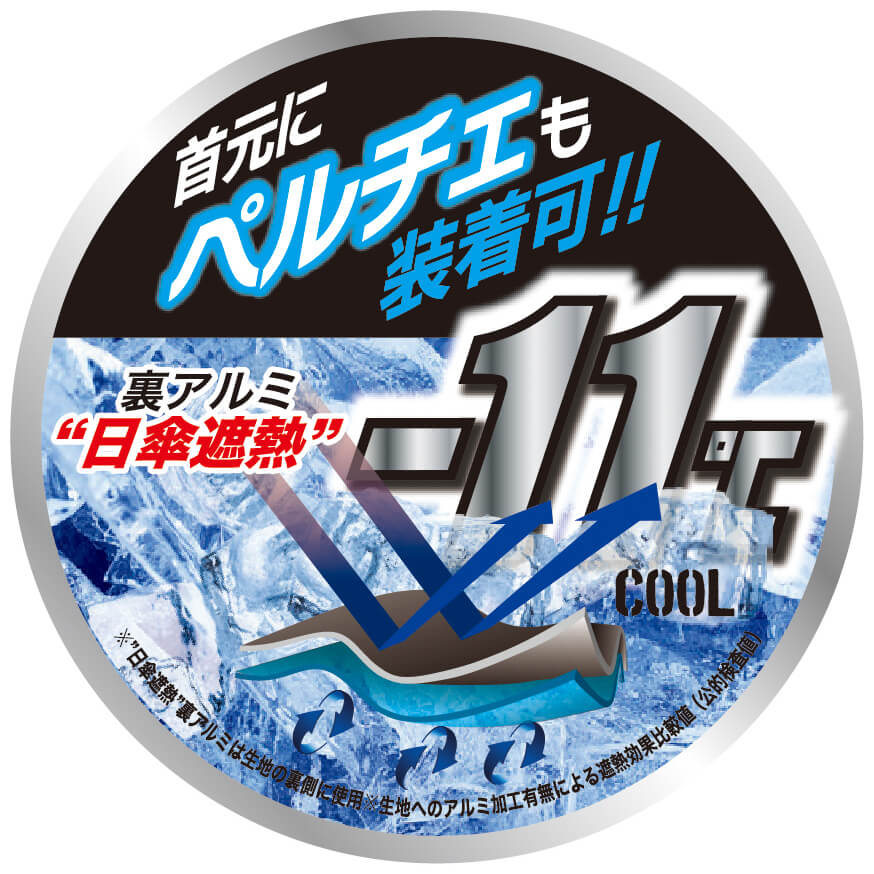 首元にペルチェも装着可能。裏アルミ「日傘遮熱」でマイナス11℃