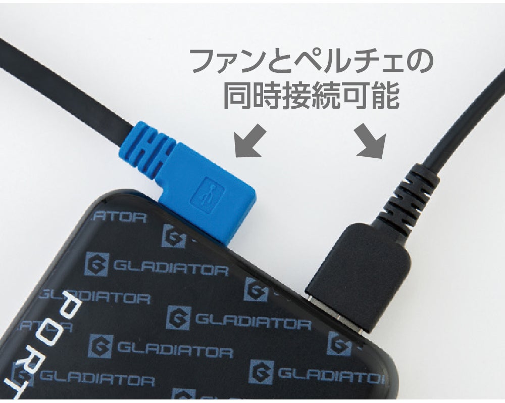 モバイルバッテリーにファンのUSB端子を挿す。
