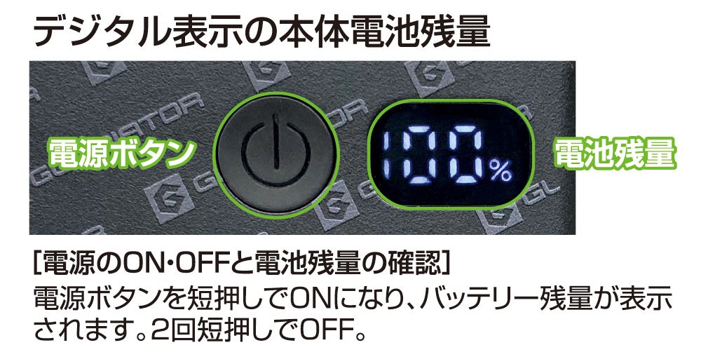 デジタル表示の本体電池残量<br>電源ボタンを短押しでONになり、バッテリー残量が表示されます。2回短押しでOFF。