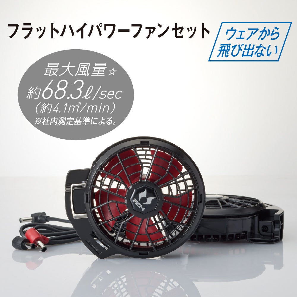 フラットハイパワーファンセット<br>ウェアから飛び出ない<br>最大風量 約68.3／sec（約4.1m／min）※社内測定基準による